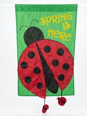 Spring Is Here Ladybug Banner Garden Flag - Bright Green and Red
